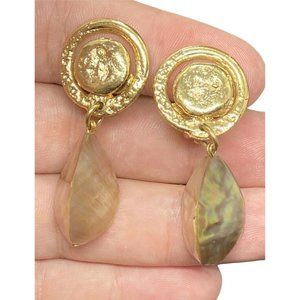 Judith Jansen Gold Tone Dangle MOP Statement Artisan Modernist Clip On Earrings